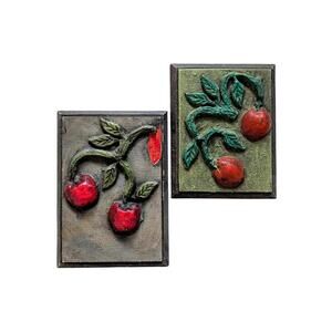 Rustic Mexican Vintage Hand Carved Wood Wall Plaques with Red Fruits